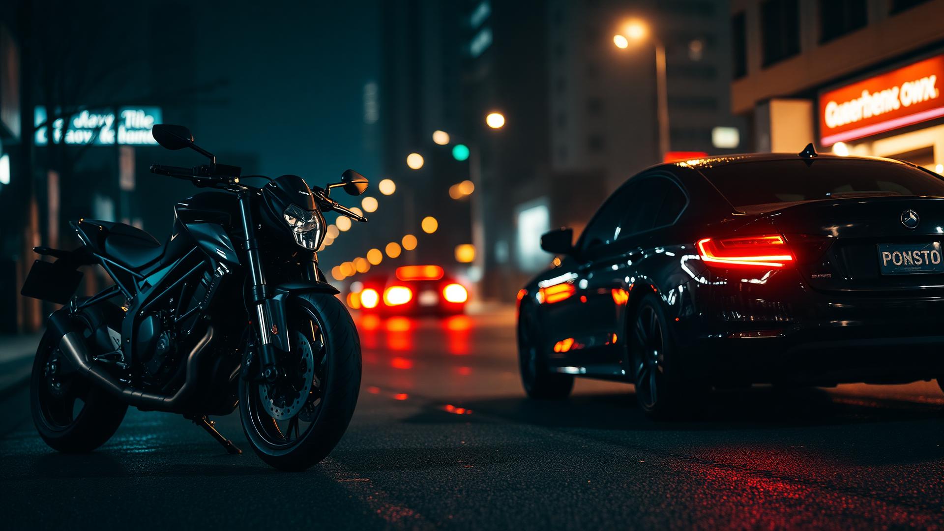 Motorcycle and car parked on a wet city street at night